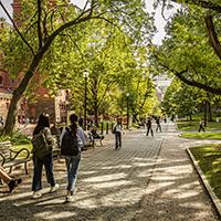 people walking on campus near Fisher Fine Arts