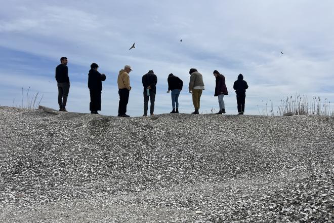 students standing on a hill of seashells