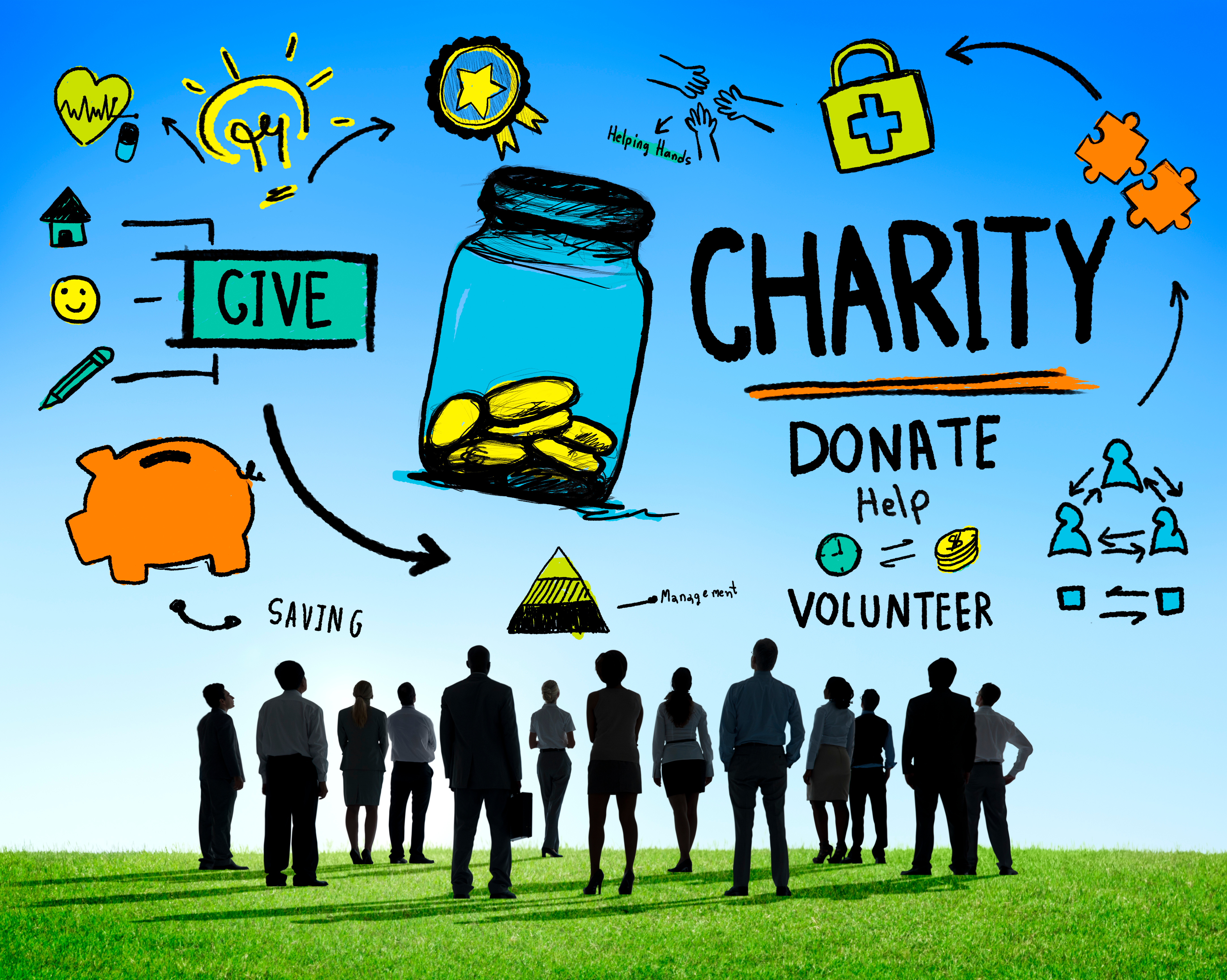 a group of people stands under a diagram of philanthropic options such as charity, volunteering, and donating