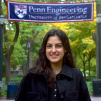 student Ayma Waqar in front of engineering school