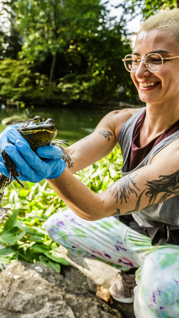 student holds bullfrog