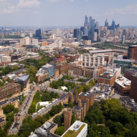 view of penn campus with philadelphia skyline in background