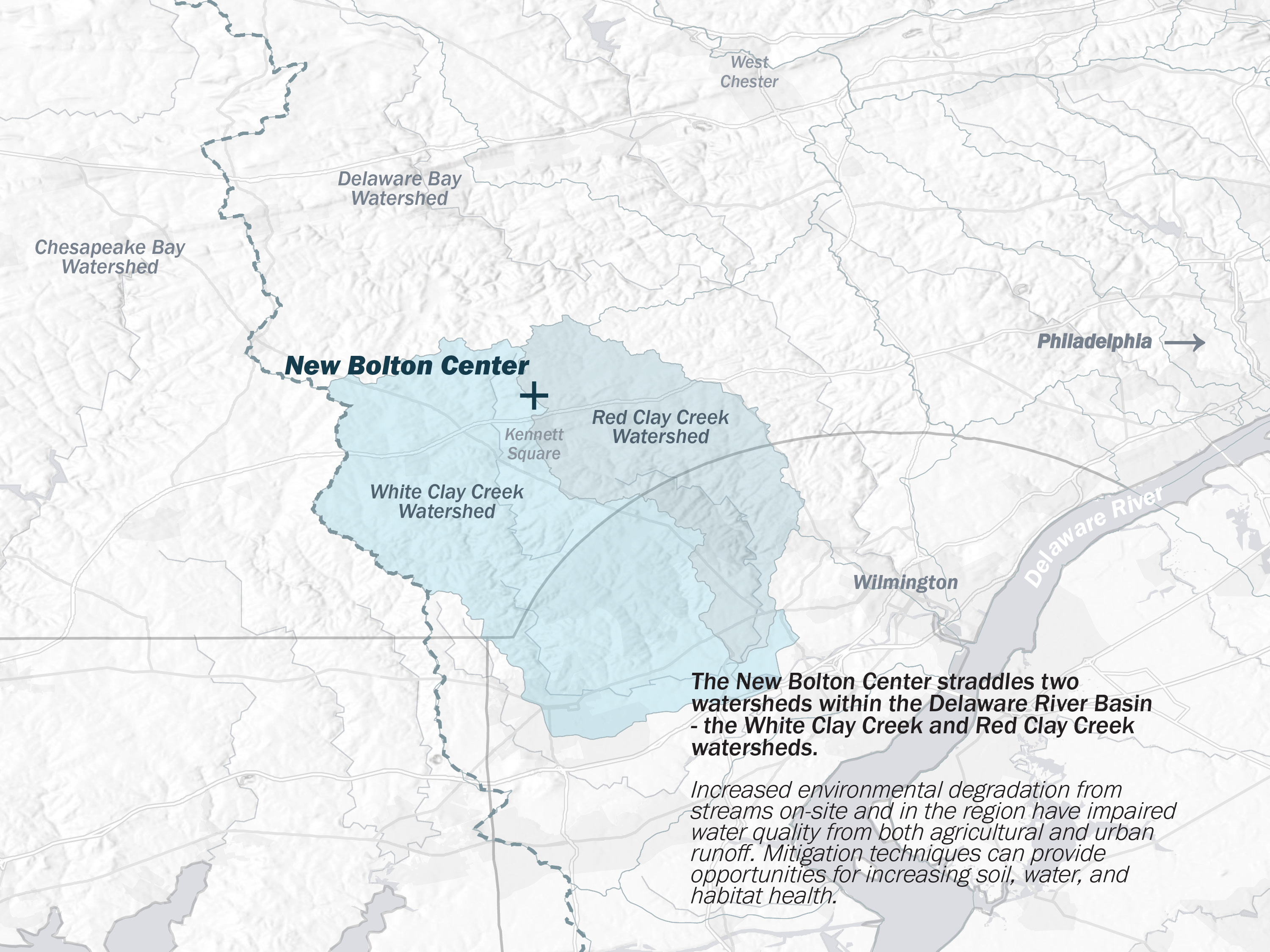 Map of the New Bolton Center and regional watersheds within the Delaware River Basin