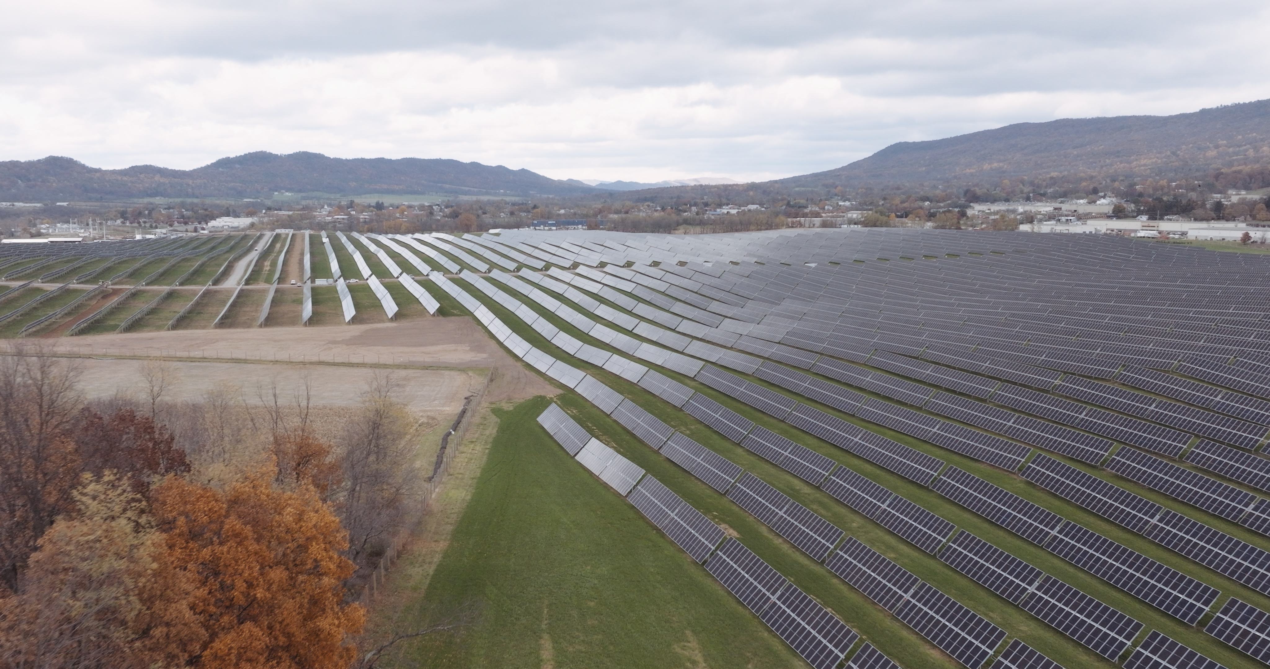 A solar farm stretches into the distance