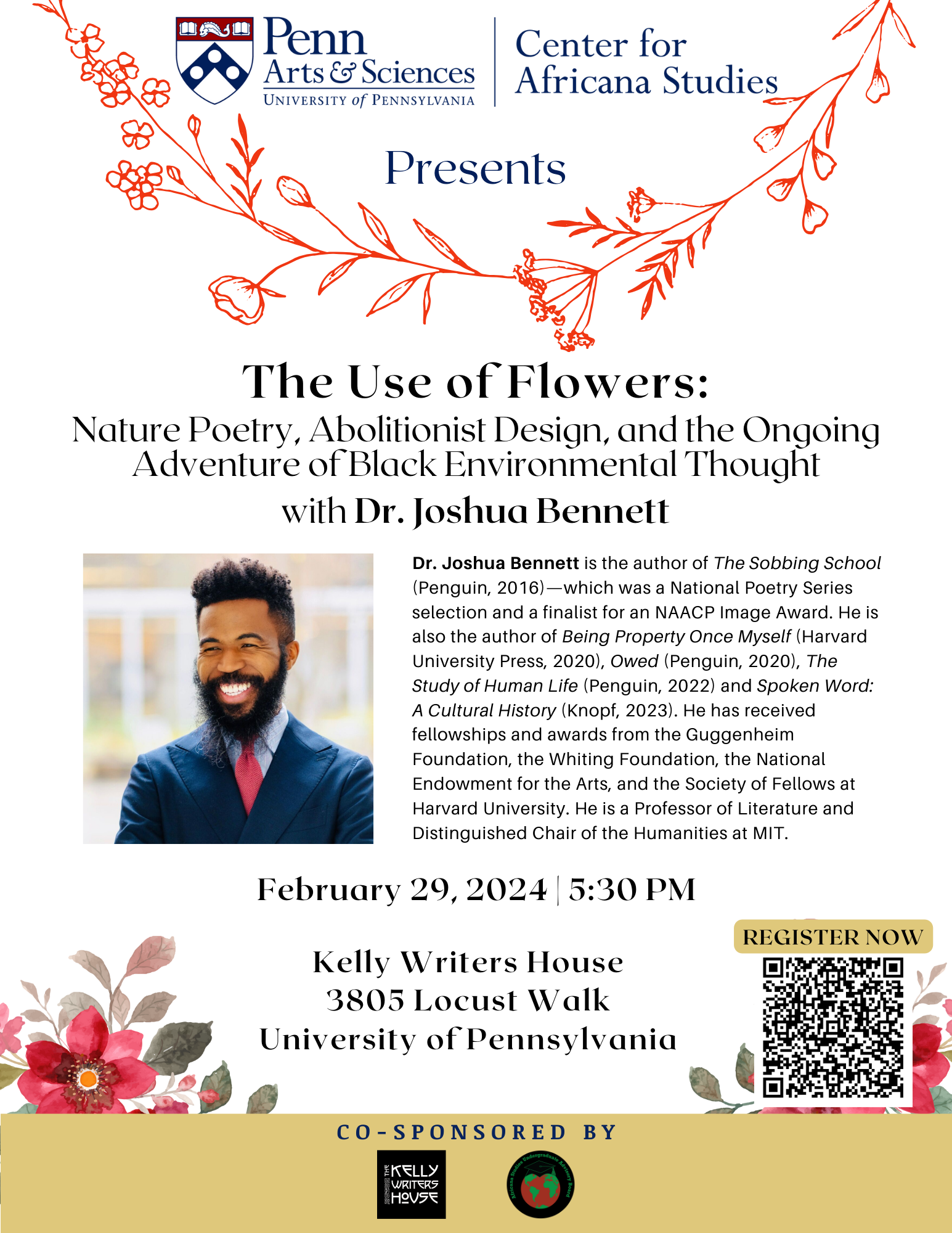 Flyer for The Use of Flowers event with Joshua Bennett