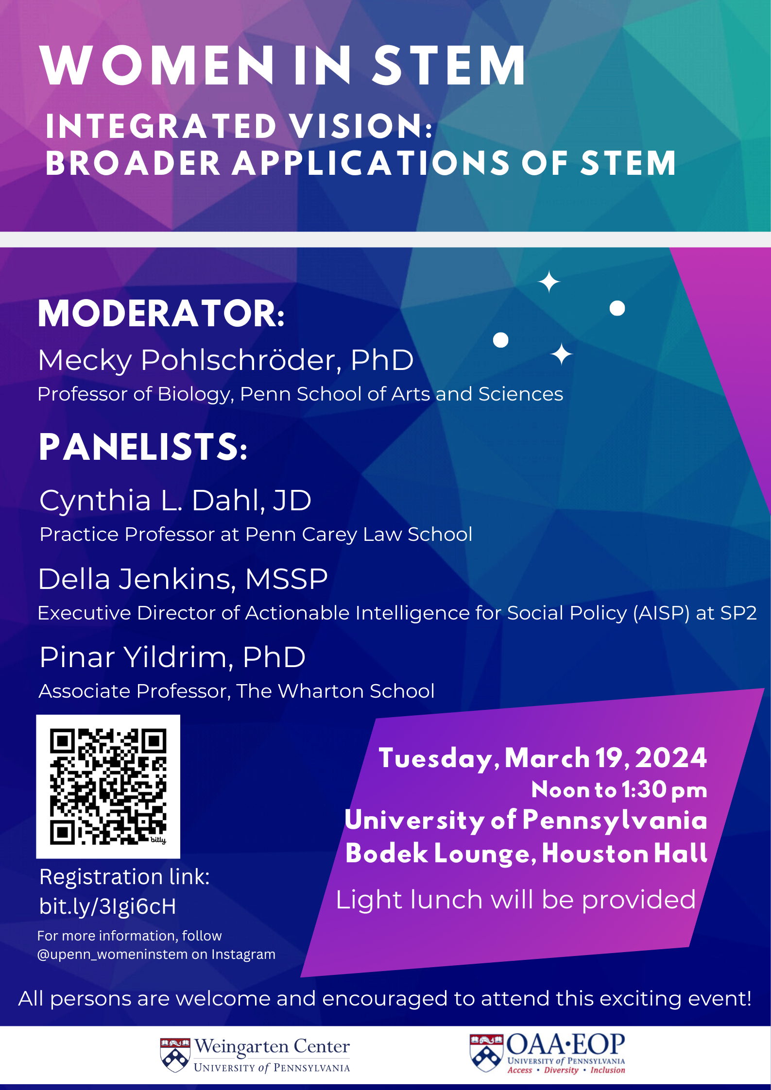 The Women in STEM 2024 event flyer (March 19th, 12-1:30, Houston Hall)