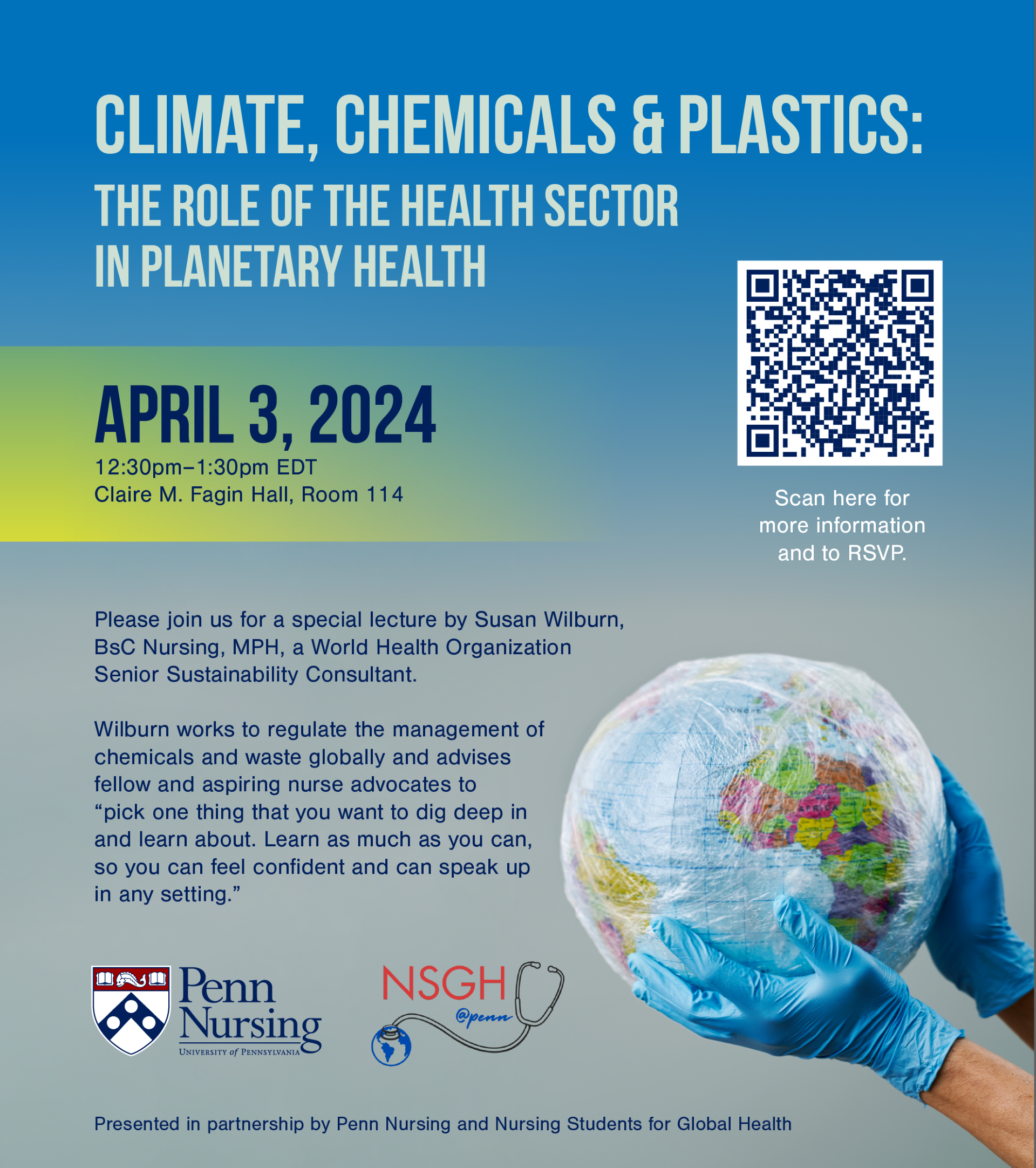 The image showcases the event details of climate, chemicals, and plastics. The event is slated to be April 3, 2024 from 12:30-1:30 in Fagin Hall, Room 114, University of Pennsylvania's Campus. 