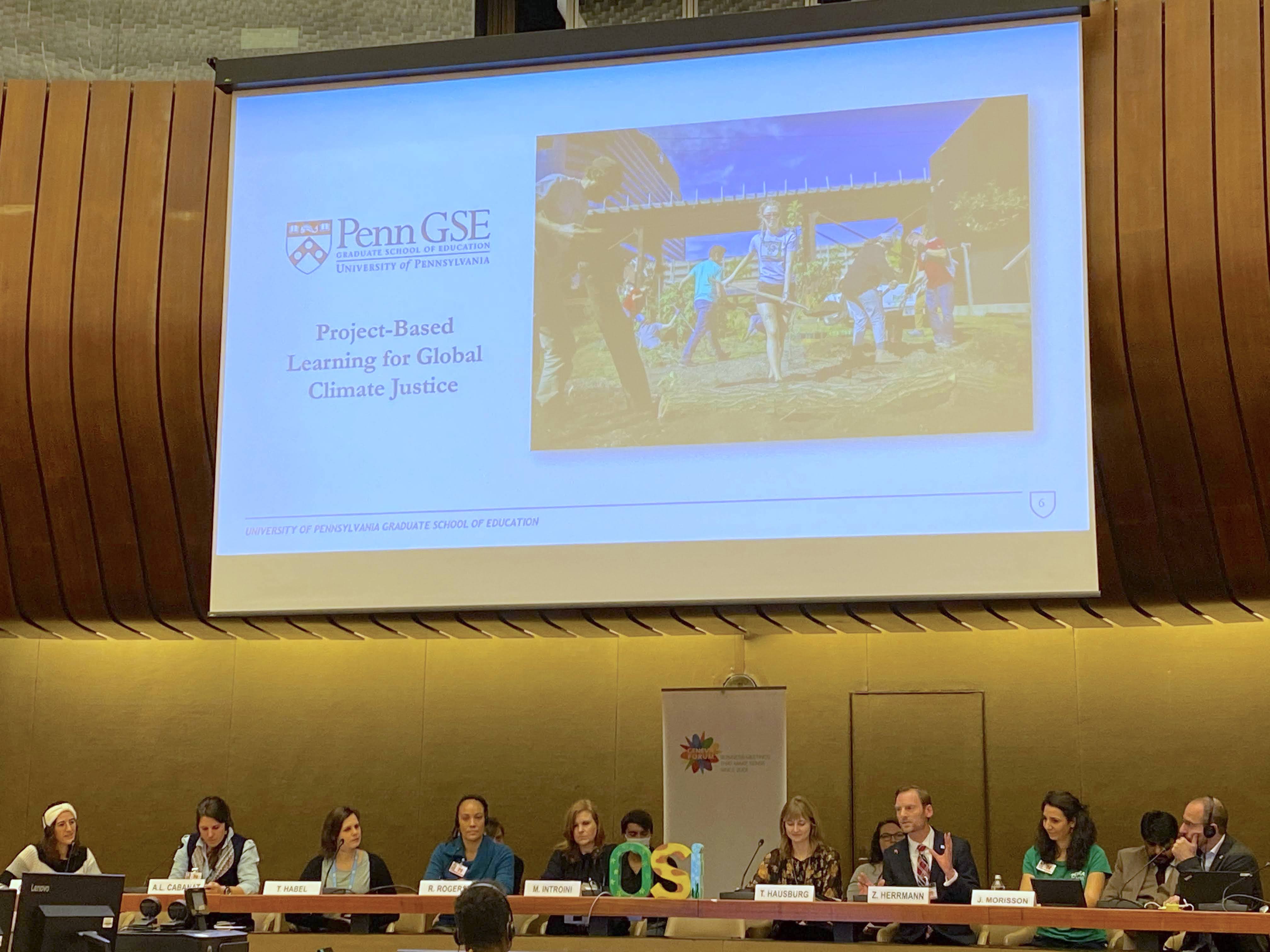 Zachary Herrmann and Taylor Hausburg (third and fourth from right to left) of the Graduate School of Education presented the Project-Based Learning for Global Climate Justice program at an international conference at the United Nations headquarters in Geneva. (Photo: Courtesy of Zachary Hermann)