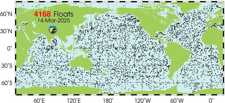 ocean map with markers for floats