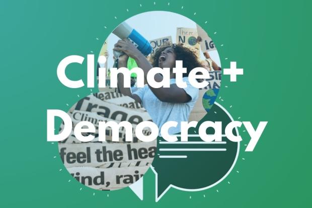 image of activist with words climate and democracy overlaid