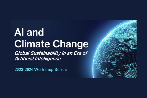 The image showcases the event details for "AI And Climate Change" Which will be held in person on Penn's campus on Tuesday, March 26, from 12-1:30 PM.