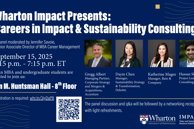 Event flyer for Careers in Impact and Sustainability Finance featuring panelists and date/time information.
