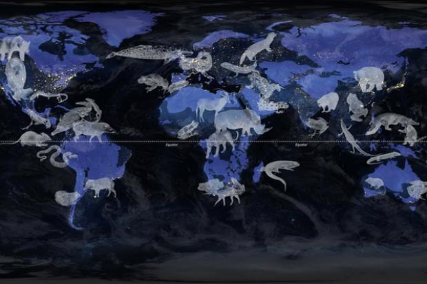 Mass extinction, represented here by ranges once roamed by now-extinct species, is one strand of Field Notes Towards an Internationalist Green New Deal. (Image: Weitzman News)