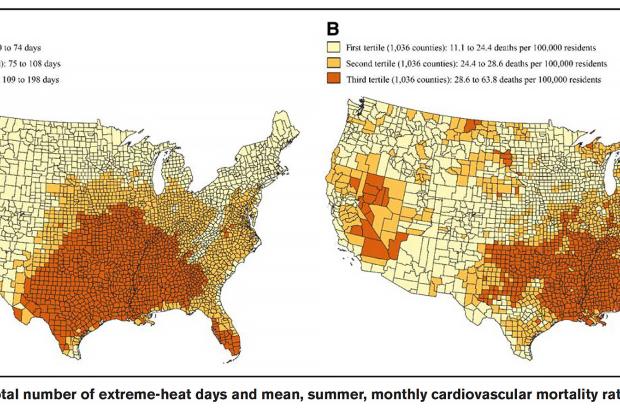 US county map of total number of extreme-heat days and mean, summer, monthly cardiovascular mortality rates from 2008 to 2017. Image: Penn LDI