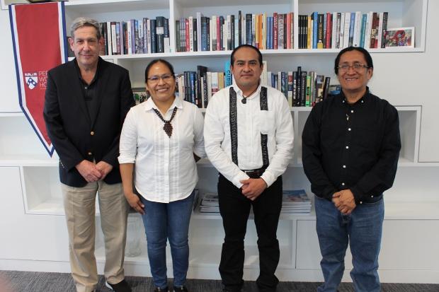 Richard M. Leventhal, (left) executive director of the Penn Cultural Heritage Center of the Penn Museum, moderated the discussion with Cristina Coc (second from left), Pablo Mis (third from left), and Filiberto Penados. (Image: Courtesy of Perry World House)