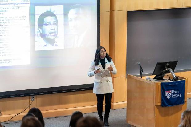 Roxana Chicas speaking at a Penn Nursing lecture.