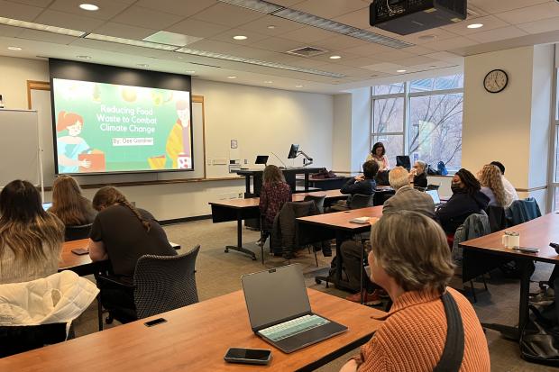 Students present culminating projects in the One Health and Climate Change course, co-taught by Hillary Nelson of the Master of Public Health Program, and Elizabeth Woodward and Erick Gagne of the School of Veterinary Medicine. Image: Xime Trujillo