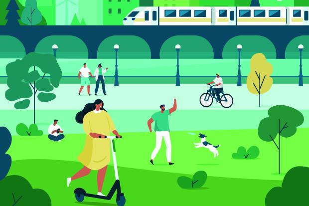 Drawing of people in park.