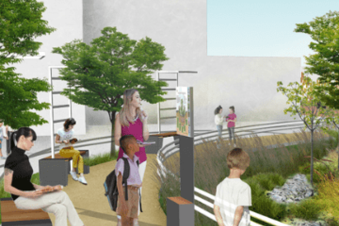 Illustration of people in green city setting