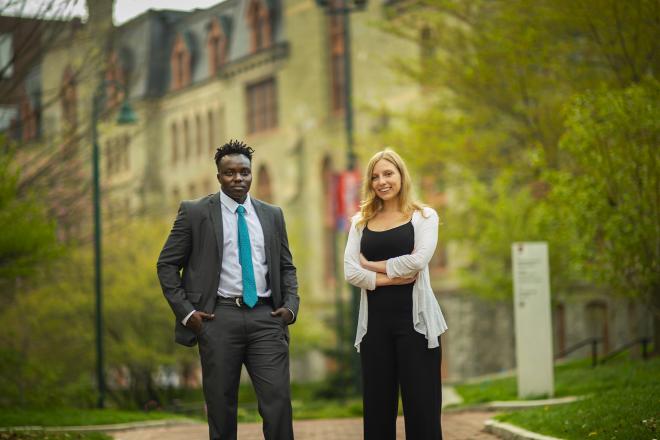 After building a solar powered water tank for the Olua I community in Uganda, 2021 President’s Engagement Prize winners and May graduates Martin Leet (left) and Leah Voytovich hope their work can provide a starting point for additional self-sustaining initiatives designed to improve the lives of refugees around the world.