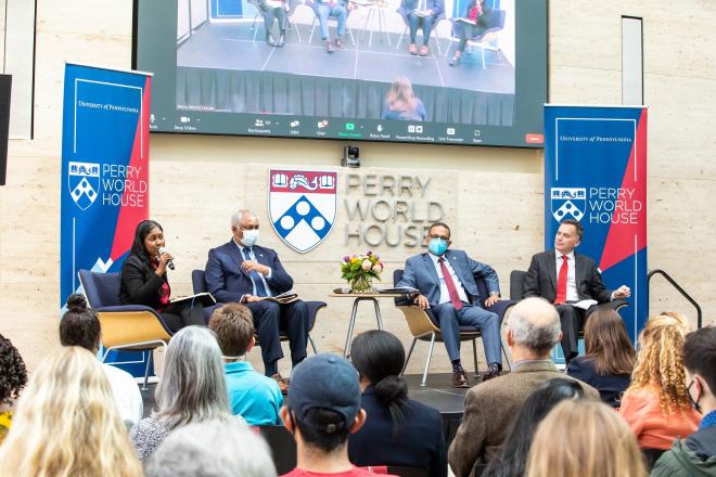 Island ambassadors to the United Nations speak at the Perry World House Global Shifts Colloquium event moderated by Michael Weisberg (fourth from left).