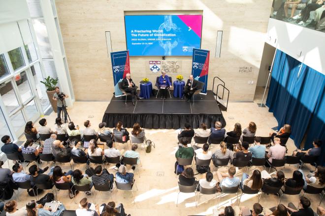 (Left to right) Former Australian Prime Minister Malcolm Turnbull, Kathleen Hall Jamieson and Michael E. Mann discussed Australia’s leadership in fighting climate change at Perry World House’s 2022 Global Order Colloquium.