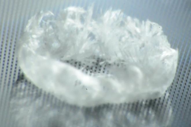 Crystalline coffee ring deposited on superhydrophobic post surface.