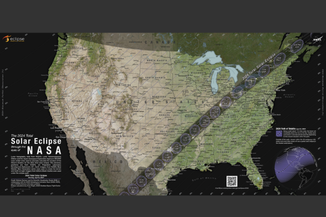 Shows the path of the total solar eclipse across the United States, which will occur on April 8, 2024.