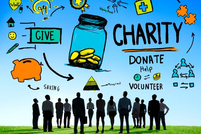a group of people stands under a diagram of philanthropic options such as charity, volunteering, and donating
